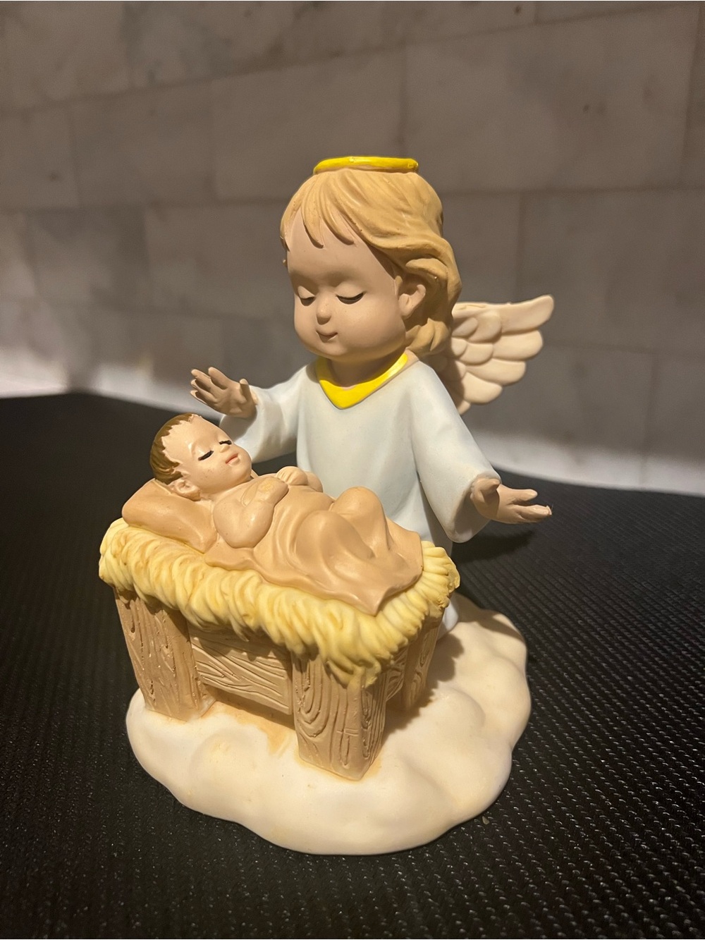 Angel Figurine with Baby in Cradle - Cream and Yellow